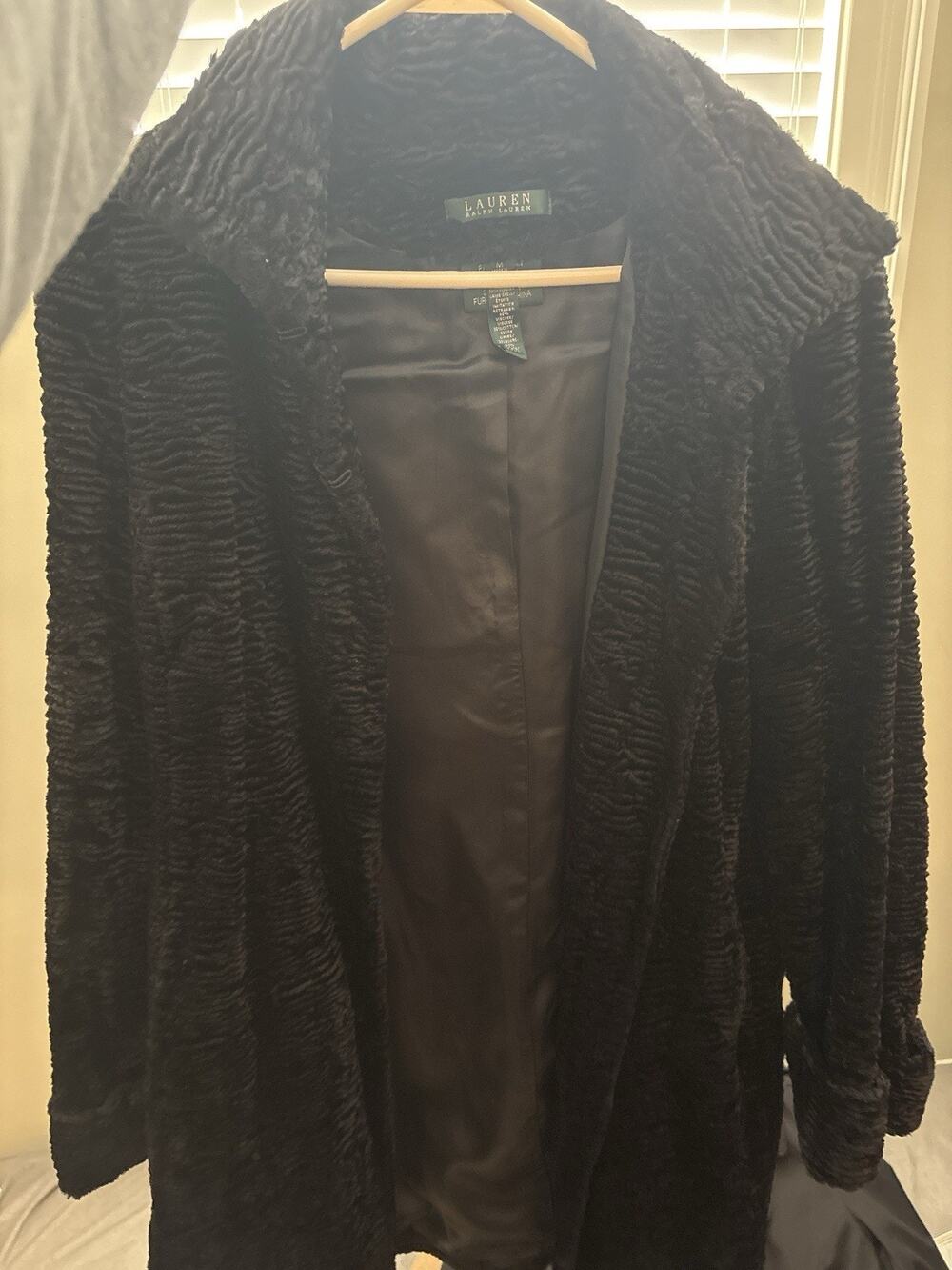 Lauren Ralph Lauren Faux Persian Lamb Astrakhan Fur Coat Black Size M